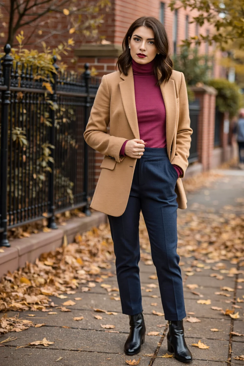 Woman in a camel blazer, burgundy turtleneck and navy wool trousers with black ankle boots on a leafstrewn sidewalk, fall look