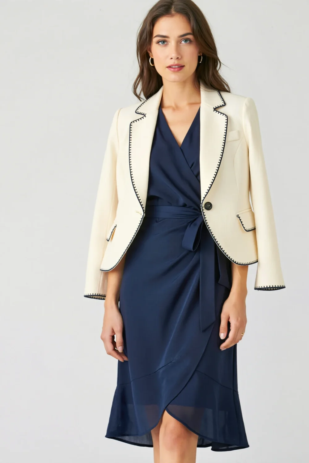 Navy wrap dress with cream blazer, creating a polished daytime reception outfit with a flattering silhouette and refined church style