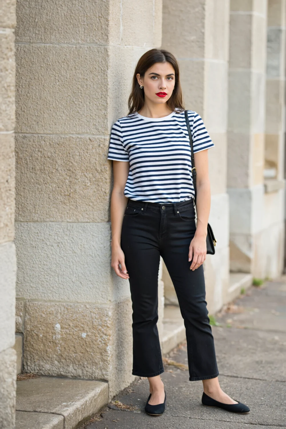 Woman in a navy-white Breton tee, cropped flare black jeans and ballet flats, red lips and shoulder bag leaning on a stone wall.