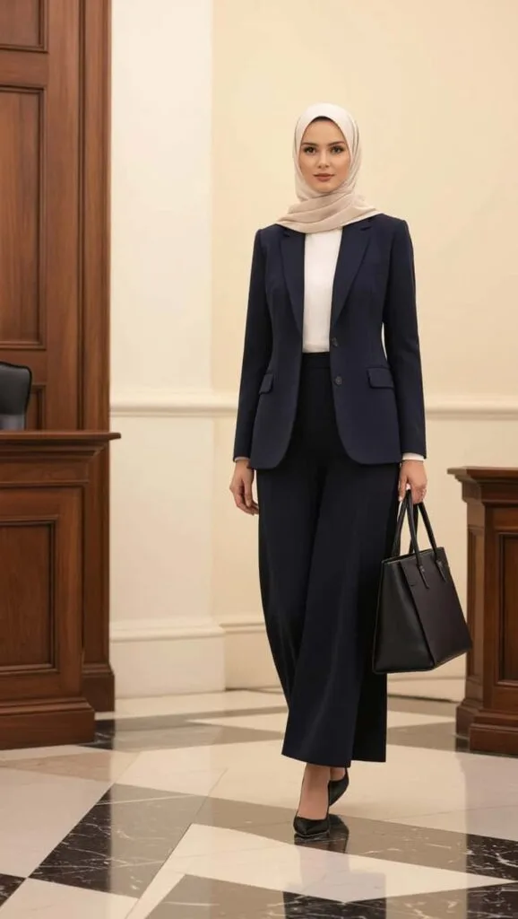 A woman standing confidently in a courtroom, wearing a neatly draped navy or cream hijab with a tailored navy blazer and ankle-length black trousers.