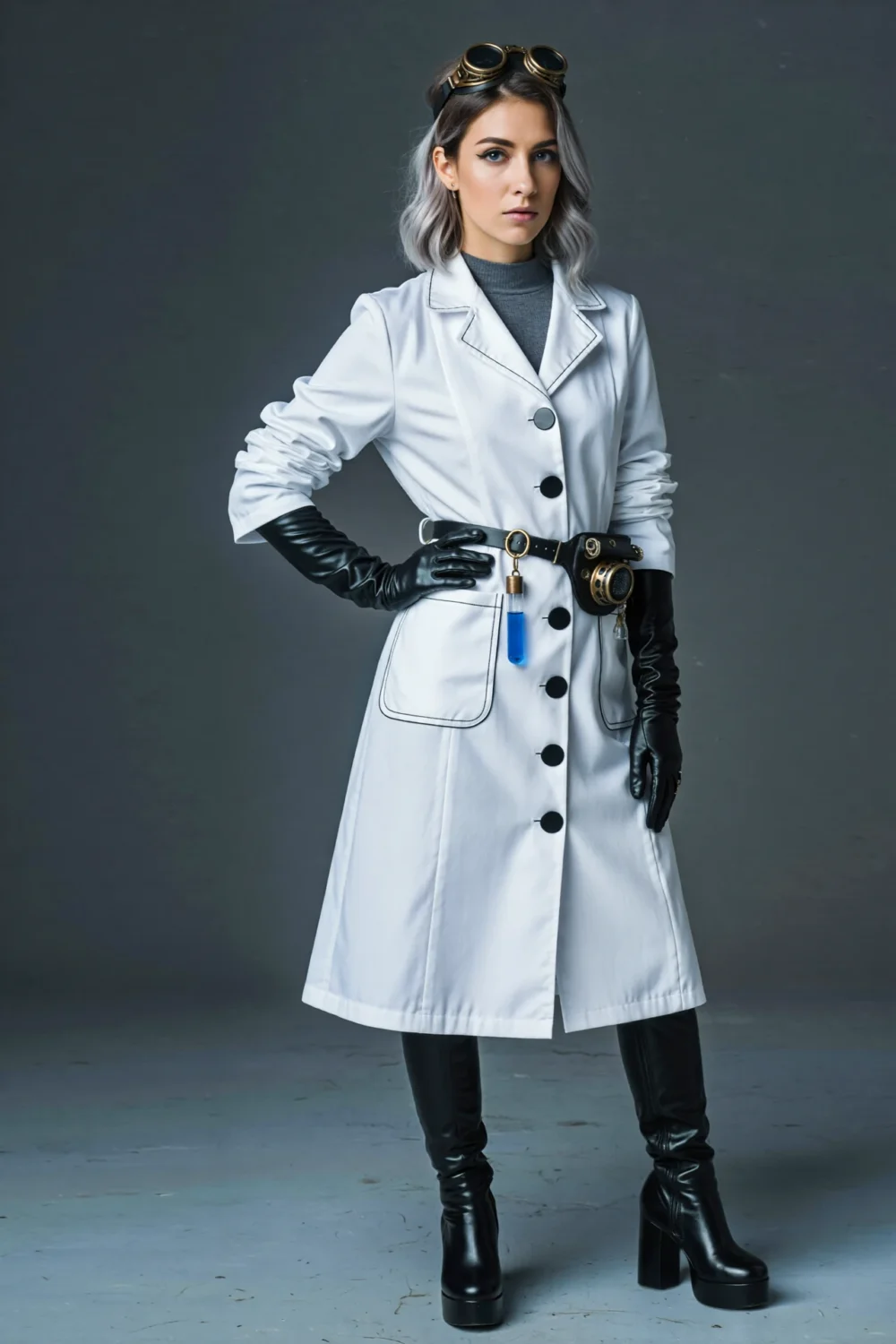 Theatrical neo lab alchemist outfit with white cropped coat, goggles, black gloves, and platform boots on a dark studio backdrop