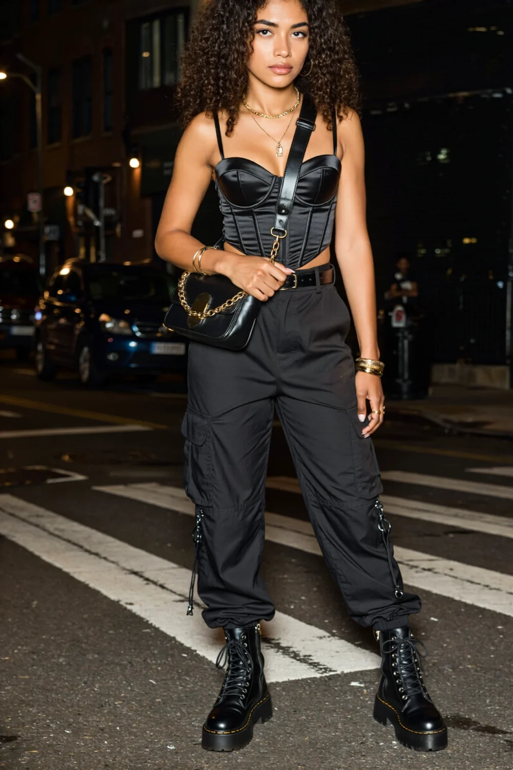 Street style look with matte-black corset, relaxed cargo pants, platform combat boots, and chain mini bag for edgy night-out energy