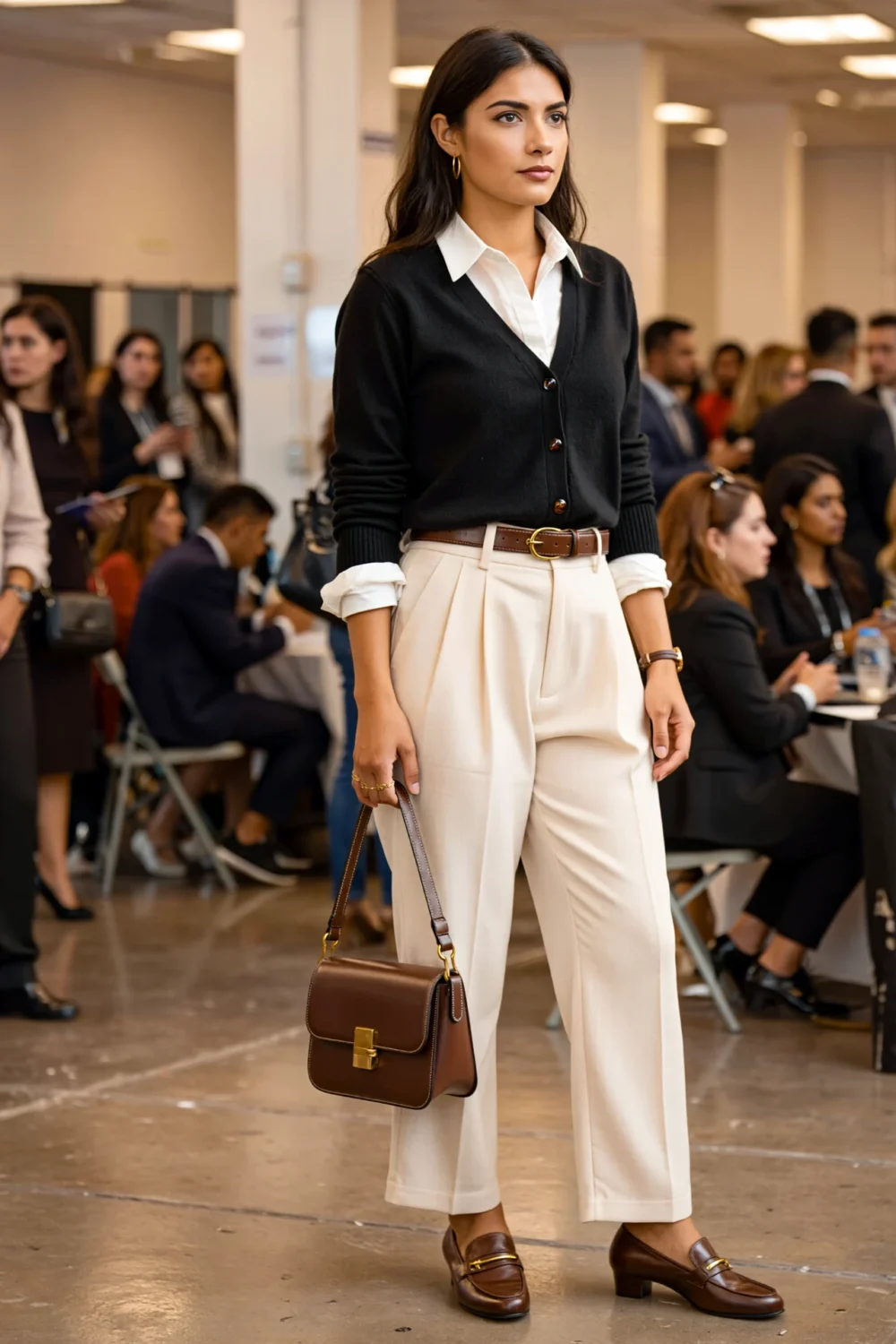 Professional wearing black cardigan over a white shirt, ivory pleated trousers, brown leather bag and heeled loafers, office-ready