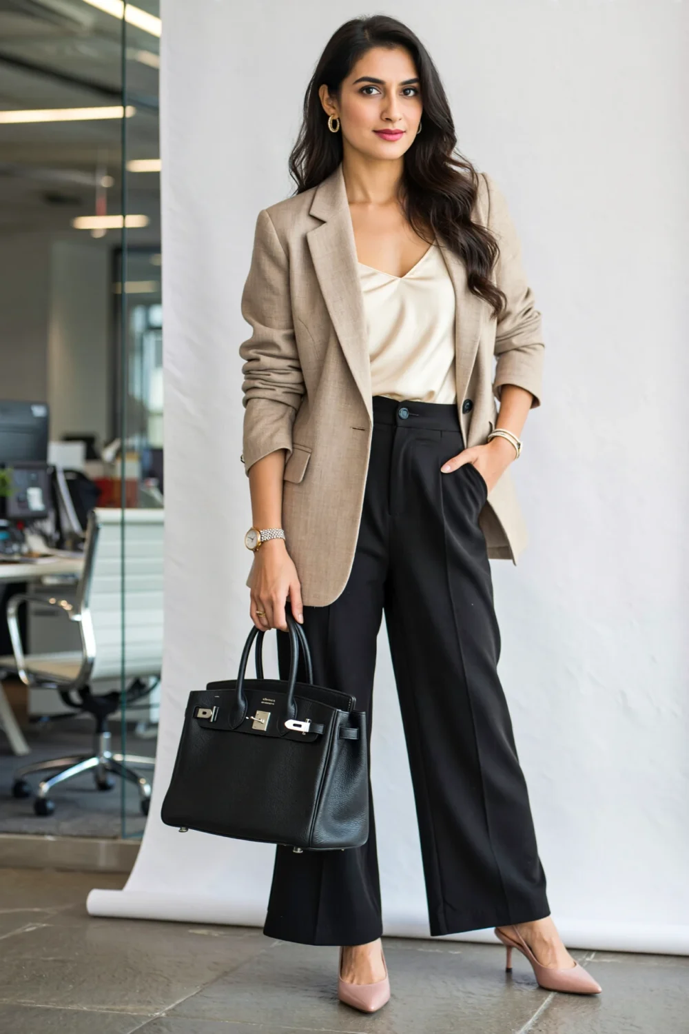 Oat blazer over ivory satin cami with black wide-leg trousers, nude slingbacks and structured tote for a polished summer office look