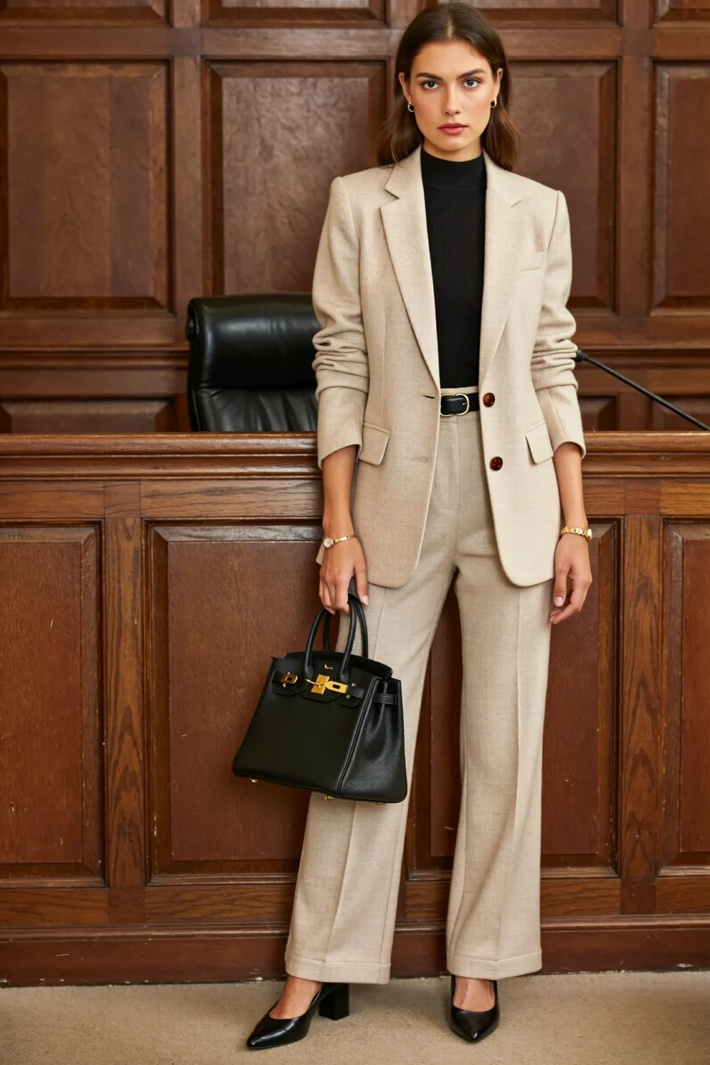 Oatmeal herringbone power suit with black mock neck, slim belt, pointed pumps and structured bag for polished court-ready style