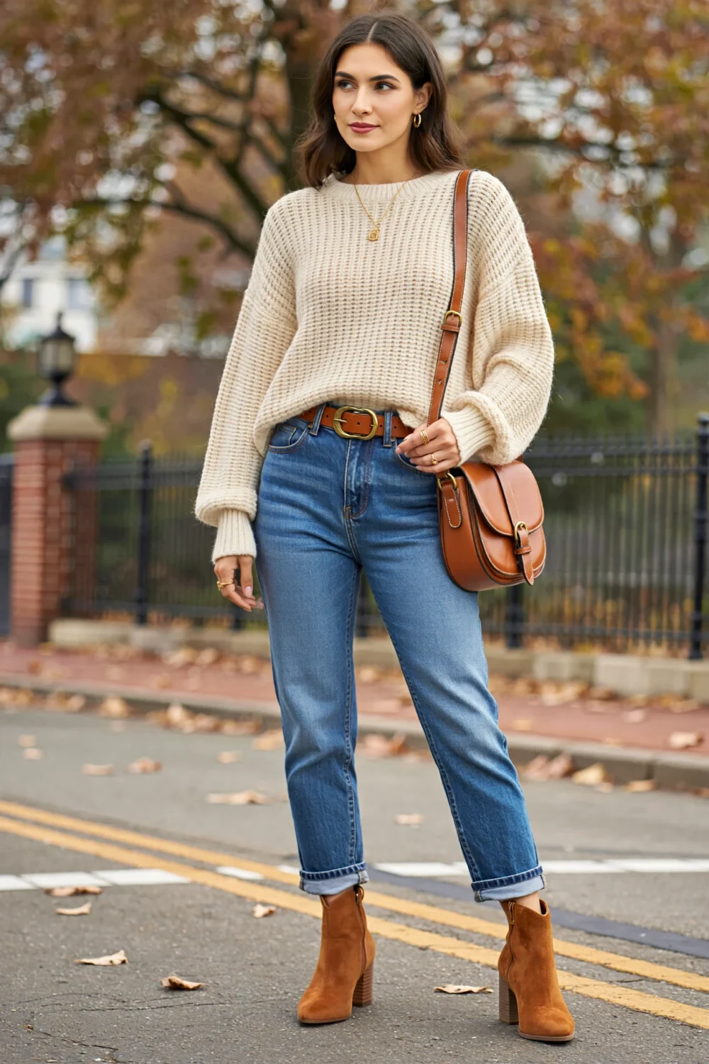 Cream oatmeal knit sweater with medium-wash jeans, caramel belt, and cognac suede boots for a cozy Thanksgiving street style look