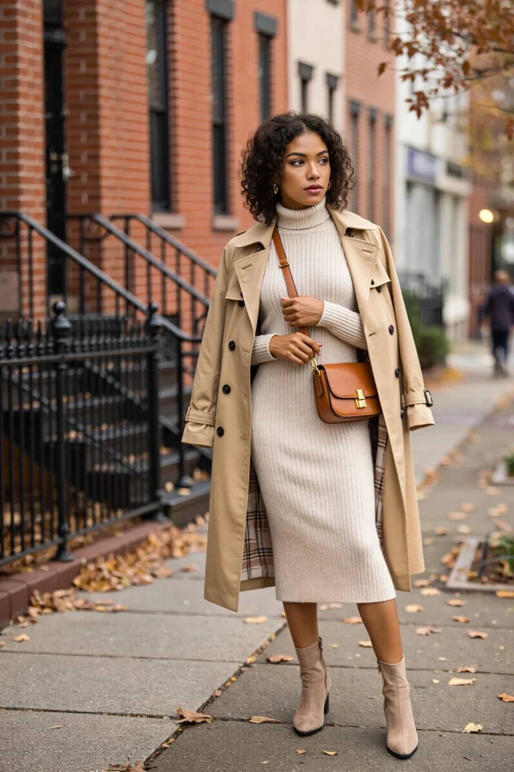 Woman in oatmeal ribbed knit midi dress, beige sock boots and trench, carrying a tan leather crossbody on autumn city sidewalk