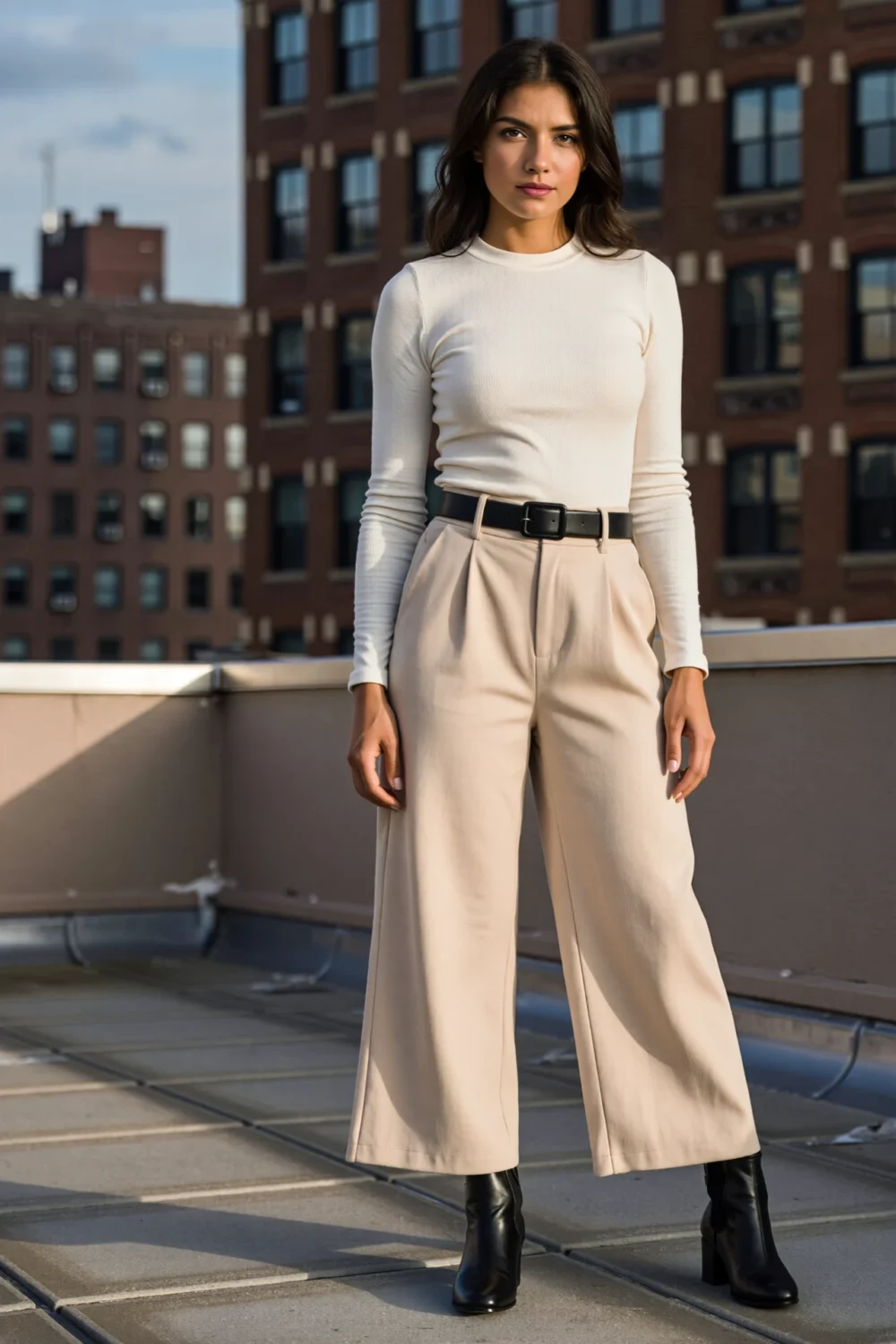Woman on rooftop wearing oatmeal wide-leg pants, fitted cream top, black ankle boots and a belted waist for a chic modern look