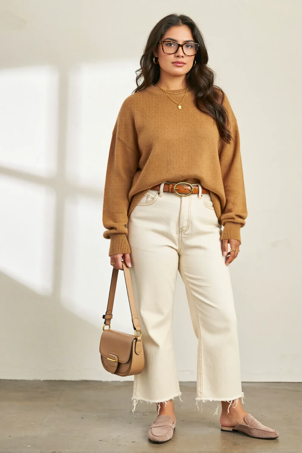 Slouchy caramel knit with ecru wide-leg crop jeans, raw hem, taupe loafers, layered gold chains and tortoiseshell glasses on neutral backdrop