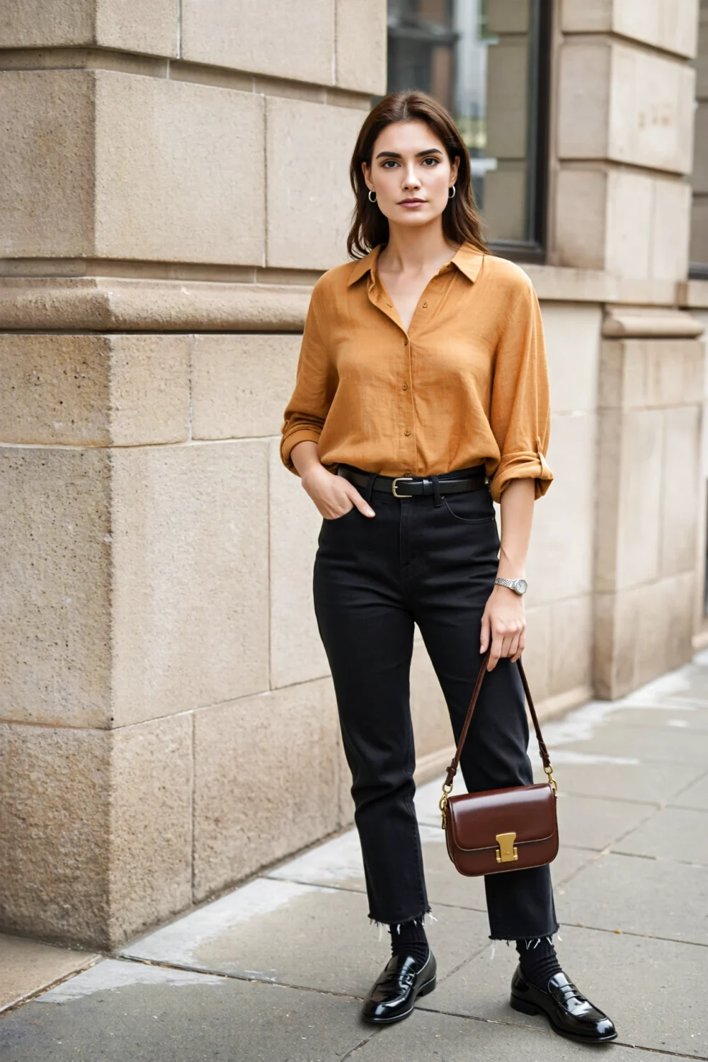 Ochre linen oxford shirt tucked into black straight-leg jeans, sleeves rolled, neat tuck, espresso leather bag and simple loafers.