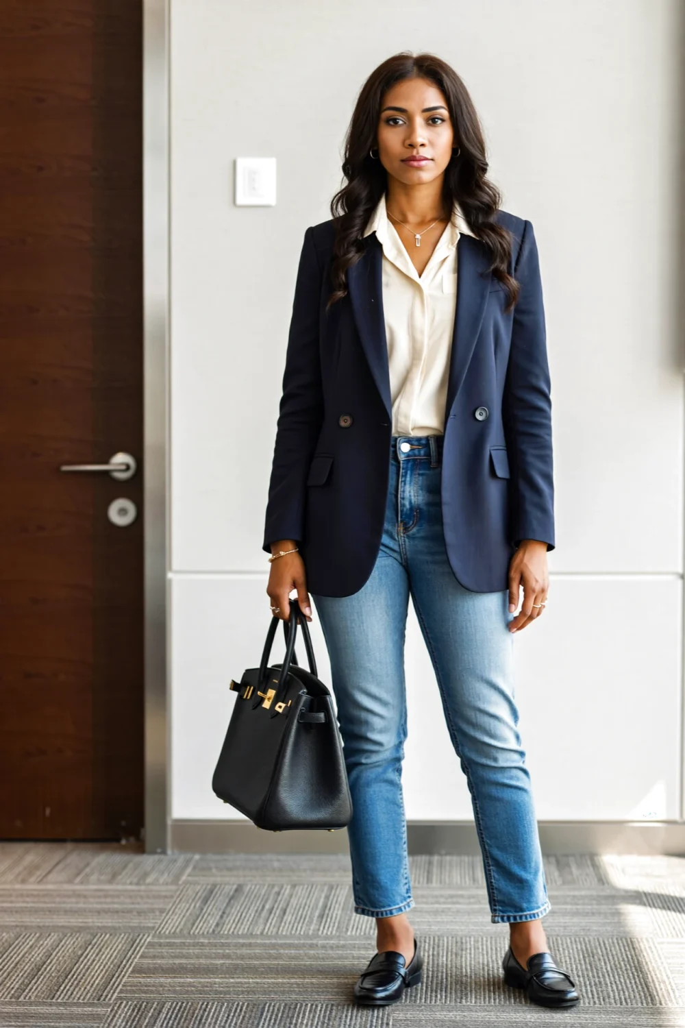 Woman in a navy blazer and ivory blouse with slim light-blue jeans, loafers and a structured black tote, polished office look.