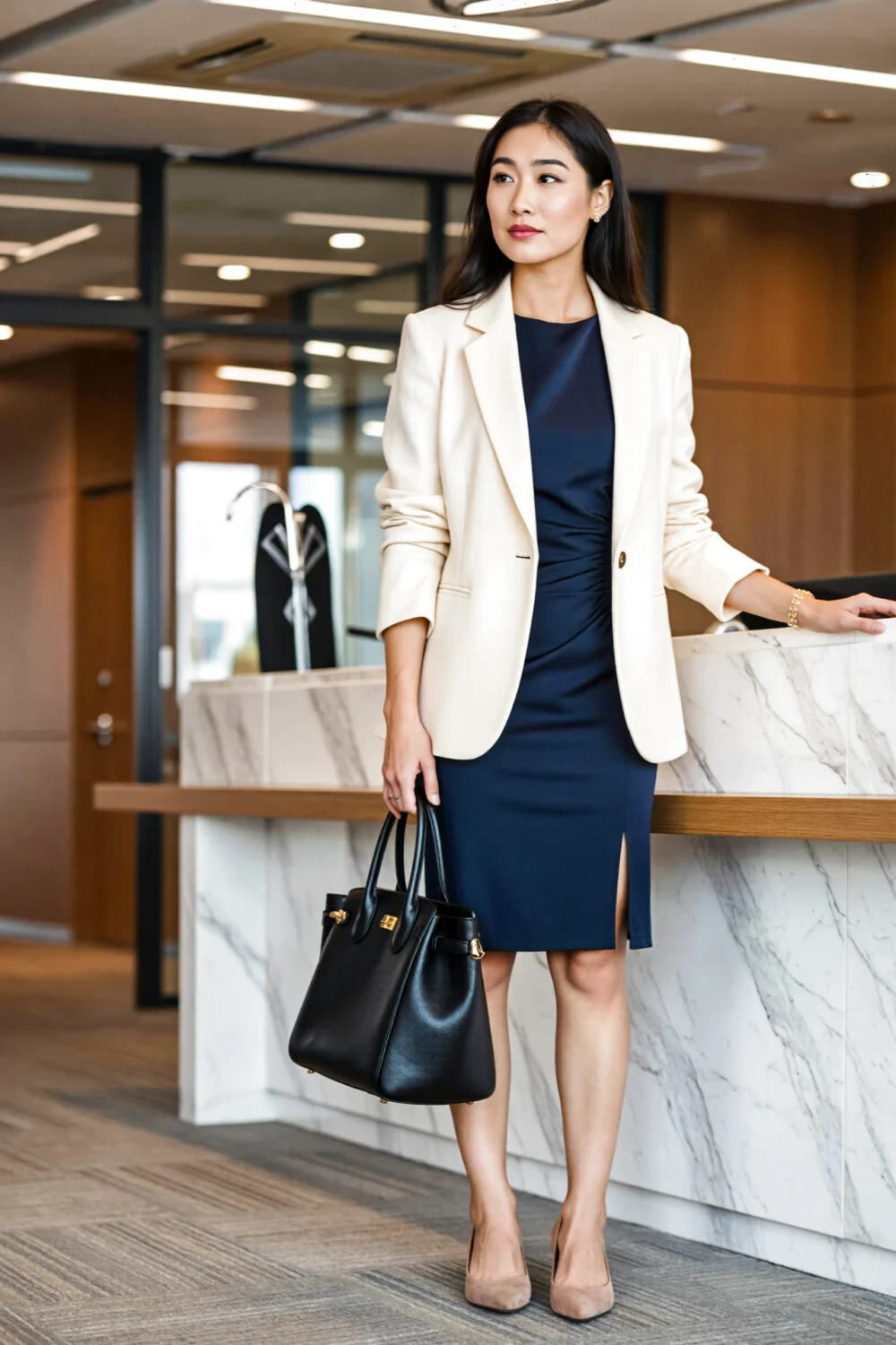 Navy sheath dress with cream blazer, nude pumps and black tote create a polished modern office look in a bright workspace setting