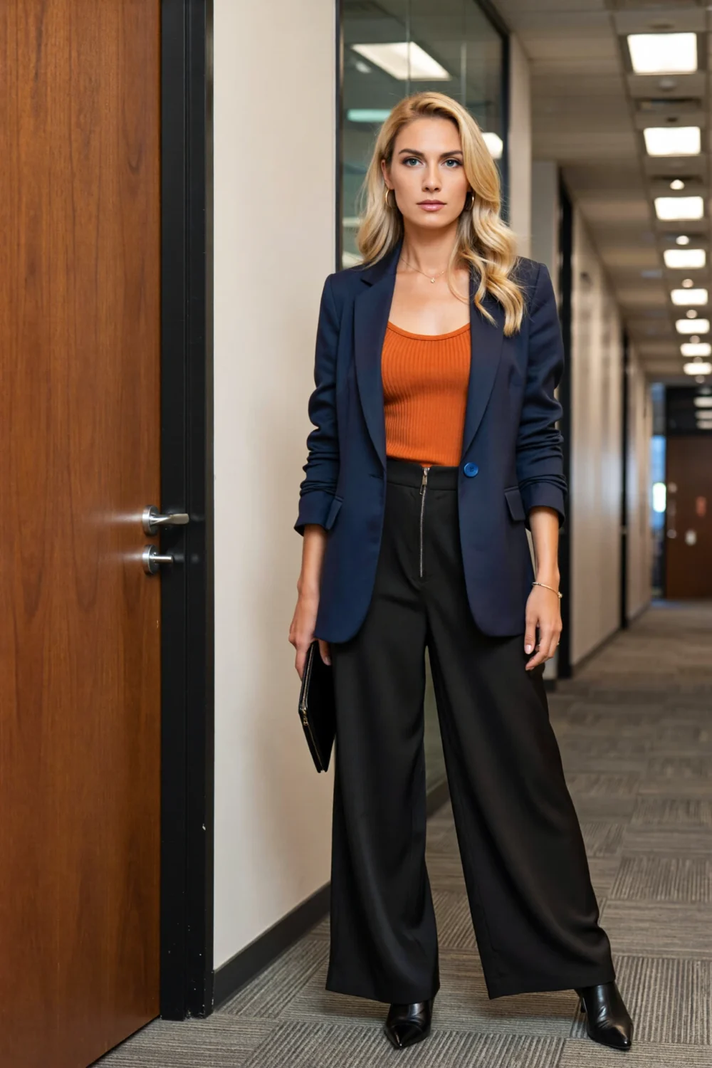 Blonde woman in office corridor wearing navy blazer over orange ribbed tank, black wide-leg trousers, clutch, and black pumps