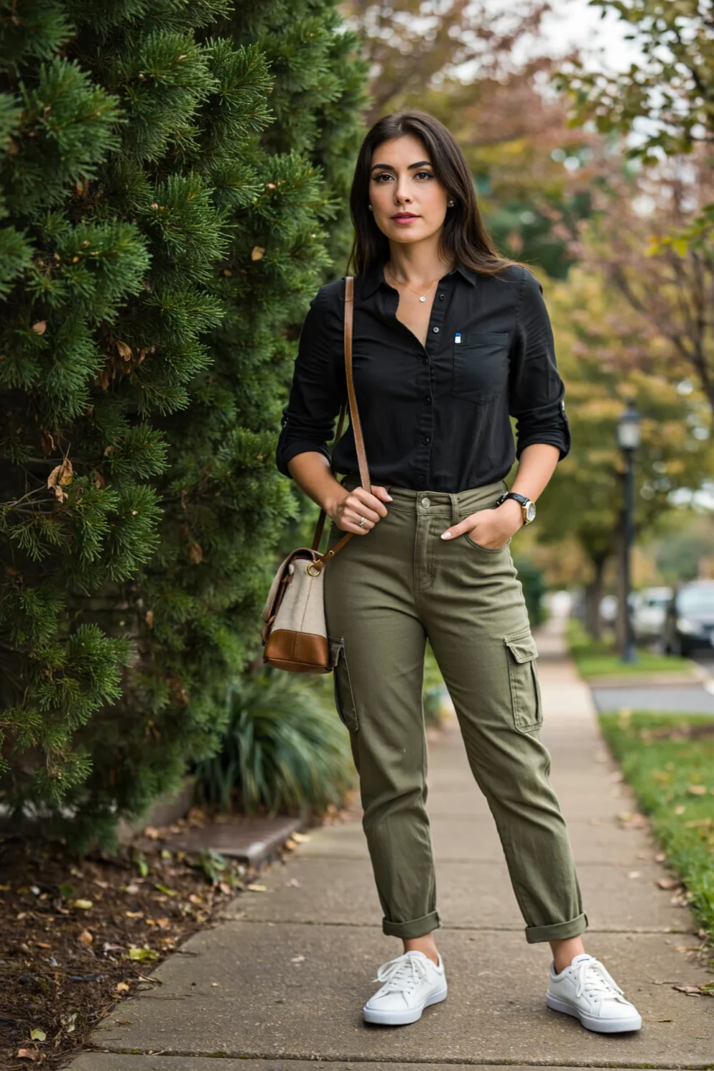 Woman wearing slim black button-down in olive cargo pants, white sneakers and crossbody bag, standing on tree-lined sidewalk.