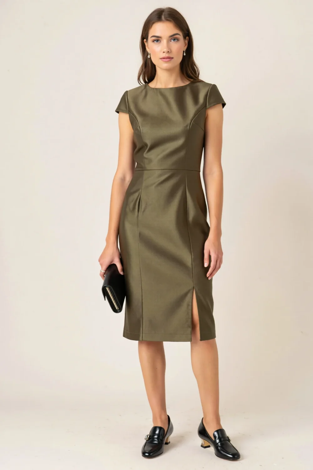 Woman in tailored olive green dress with closed-toe black pumps, formal polished look with structured seams and classic elegance