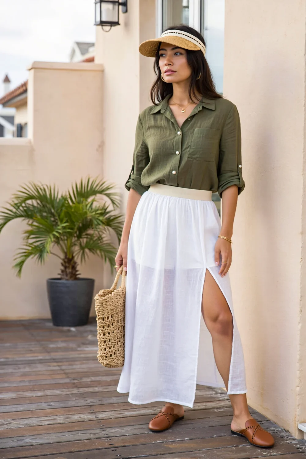 Woman in olive linen shirt, white maxi skirt with slit, raffia visor, brown slides, and woven tote for a chic resort-ready look