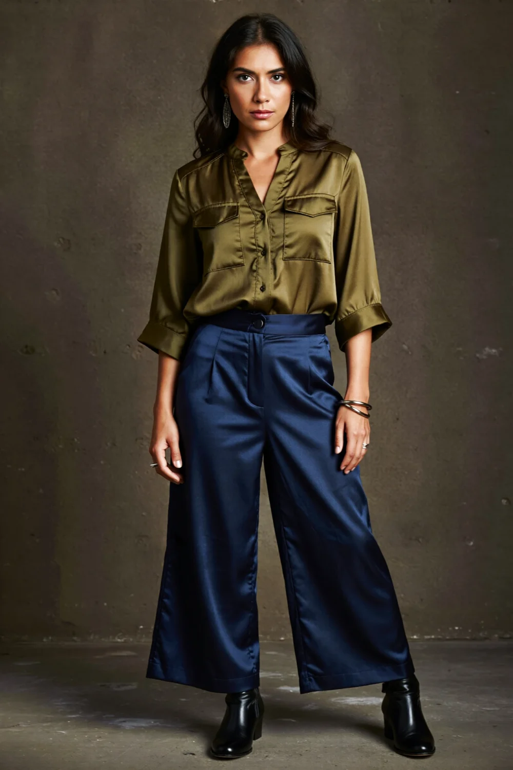 Olive satin top with deep indigo culottes and black ankle boots, creating a polished modern look with earthy depth and sheen