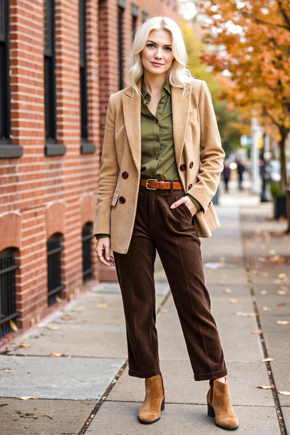 Blonde woman in olive shirt, camel blazer and chocolate corduroy pants with suede boots, styled for rich autumn streetwear