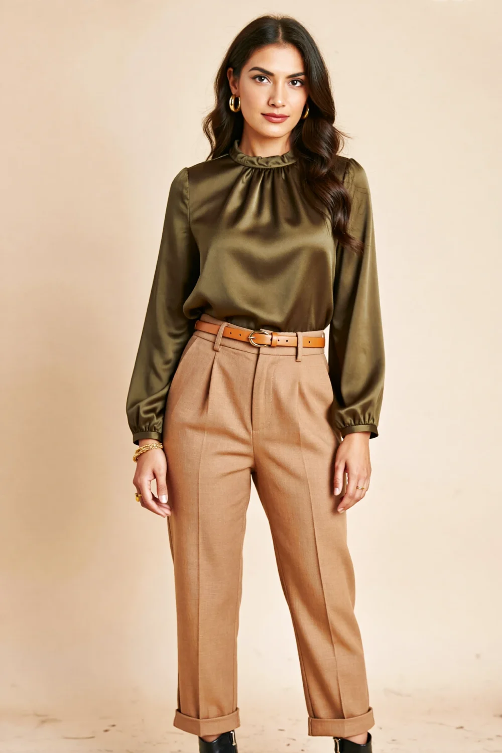 Olive satin blouse with camel trousers and gold jewelry creates a warm neutral outfit, finished with cropped hems and ankle boots.