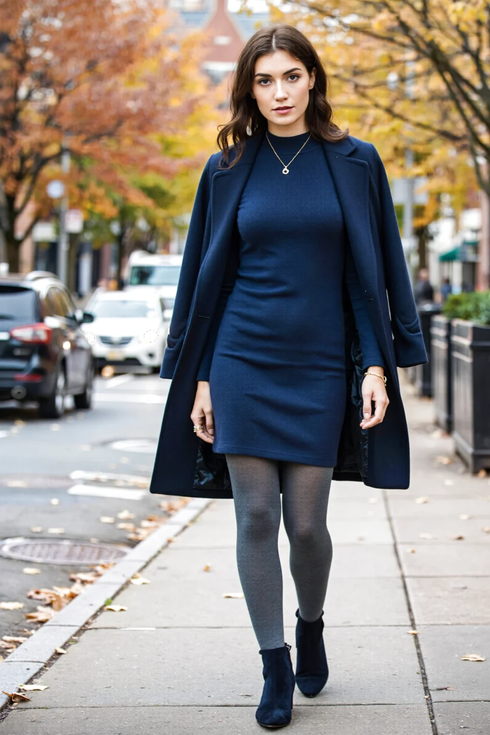Woman in navy dress and coat wearing opaque graphite tights, creating a polished winter look with boots on a city sidewalk