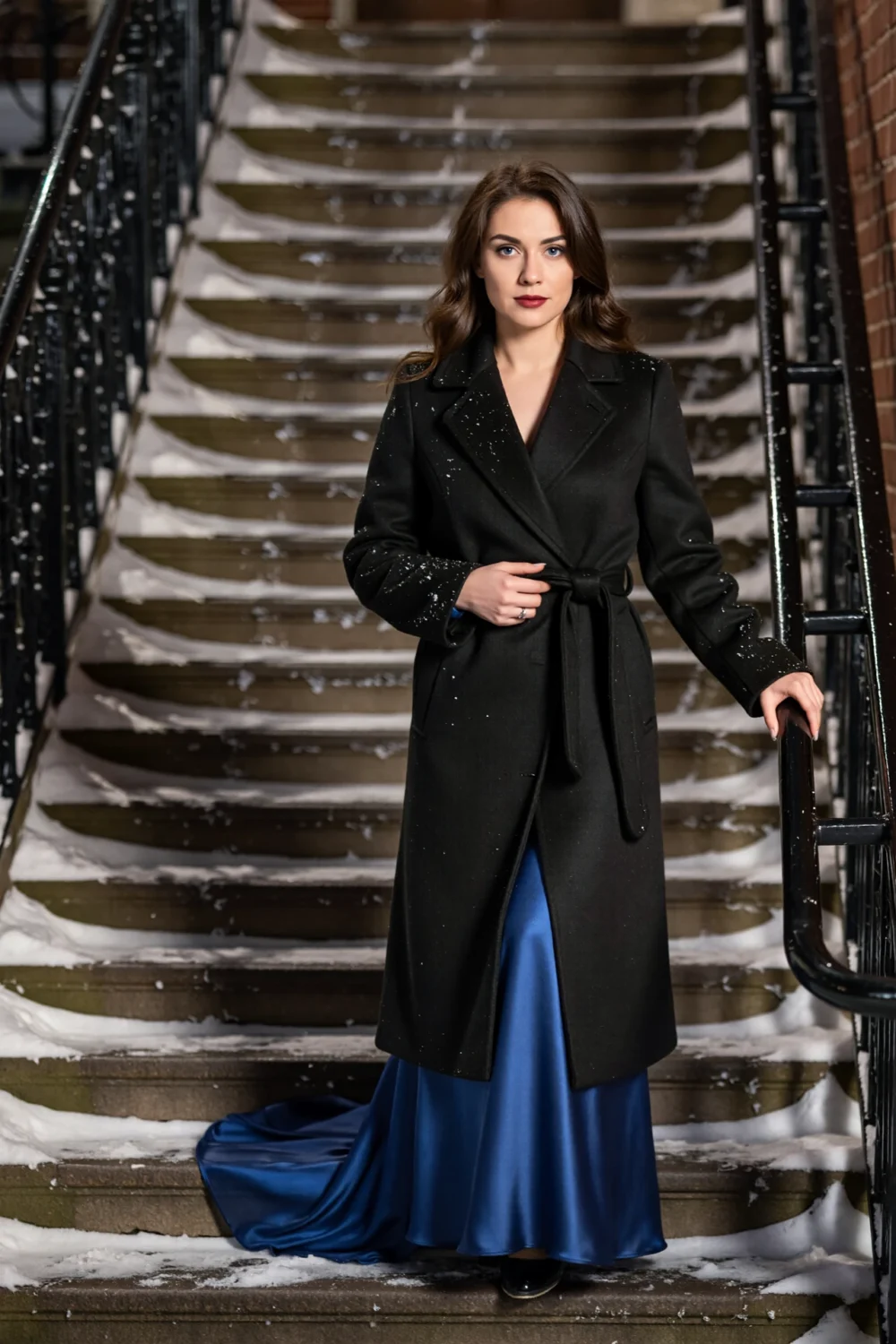 Woman on snowy steps in a luxe wool-blend long wrap coat belted over a blue satin gown, showing uninterrupted elegant silhouette.