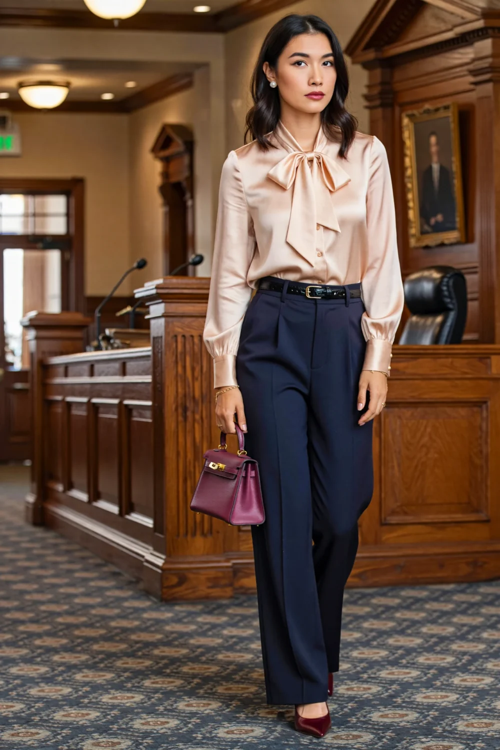 Orchid satin blouse with bow and midnight flared trousers, paired with merlot pumps and a mauve bag for a polished, feminine look