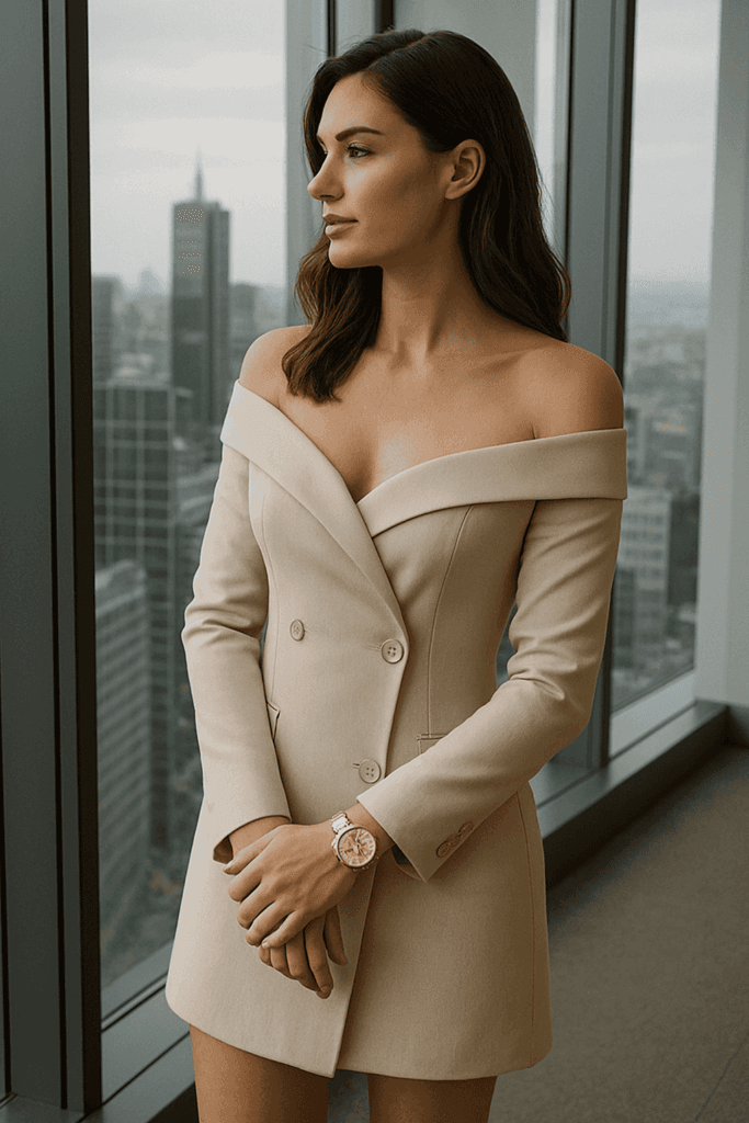 Woman in an off-the-shoulder dress wearing an oversized gold watch, looking out a window.