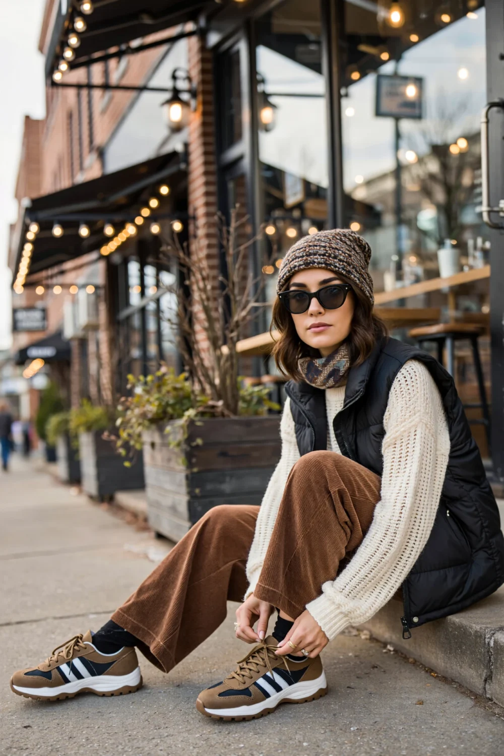 Woman in slouchy beanie and sunglasses, oversized cream knit under a black quilted vest, wide corduroy pants and retro sneakers