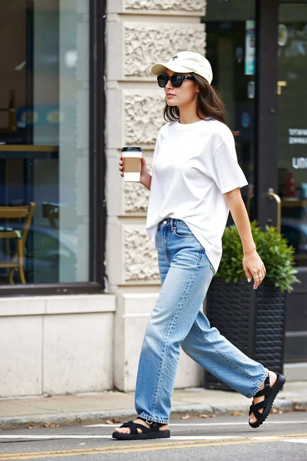Woman in oversized white tee and relaxed blue jeans, chunky black fisherman sandals, baseball cap, sunglasses, holding coffee.
