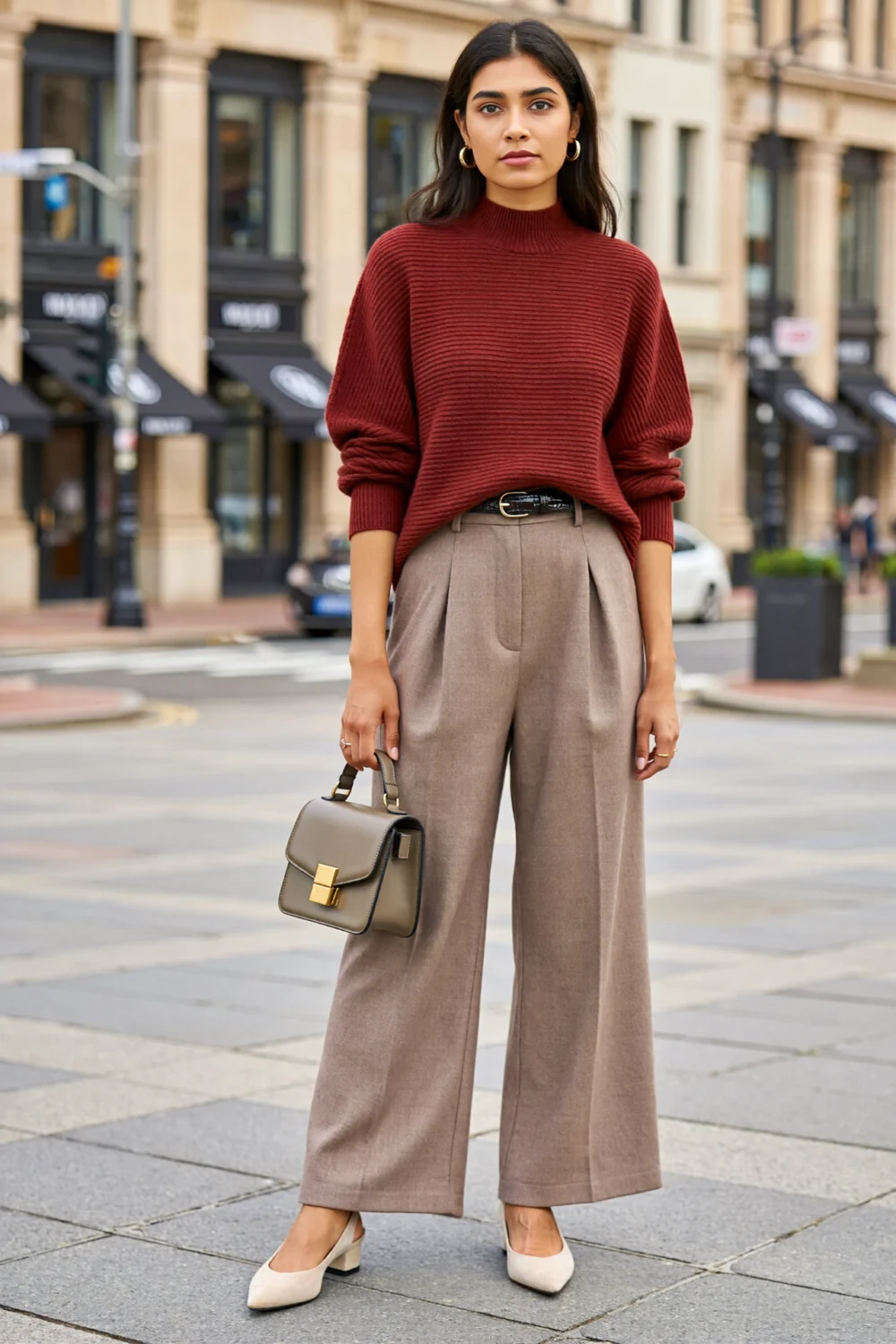 Woman in an oxblood knit sweater and taupe tailored trousers, styled with ecru slingbacks and a muted handbag on a city street.