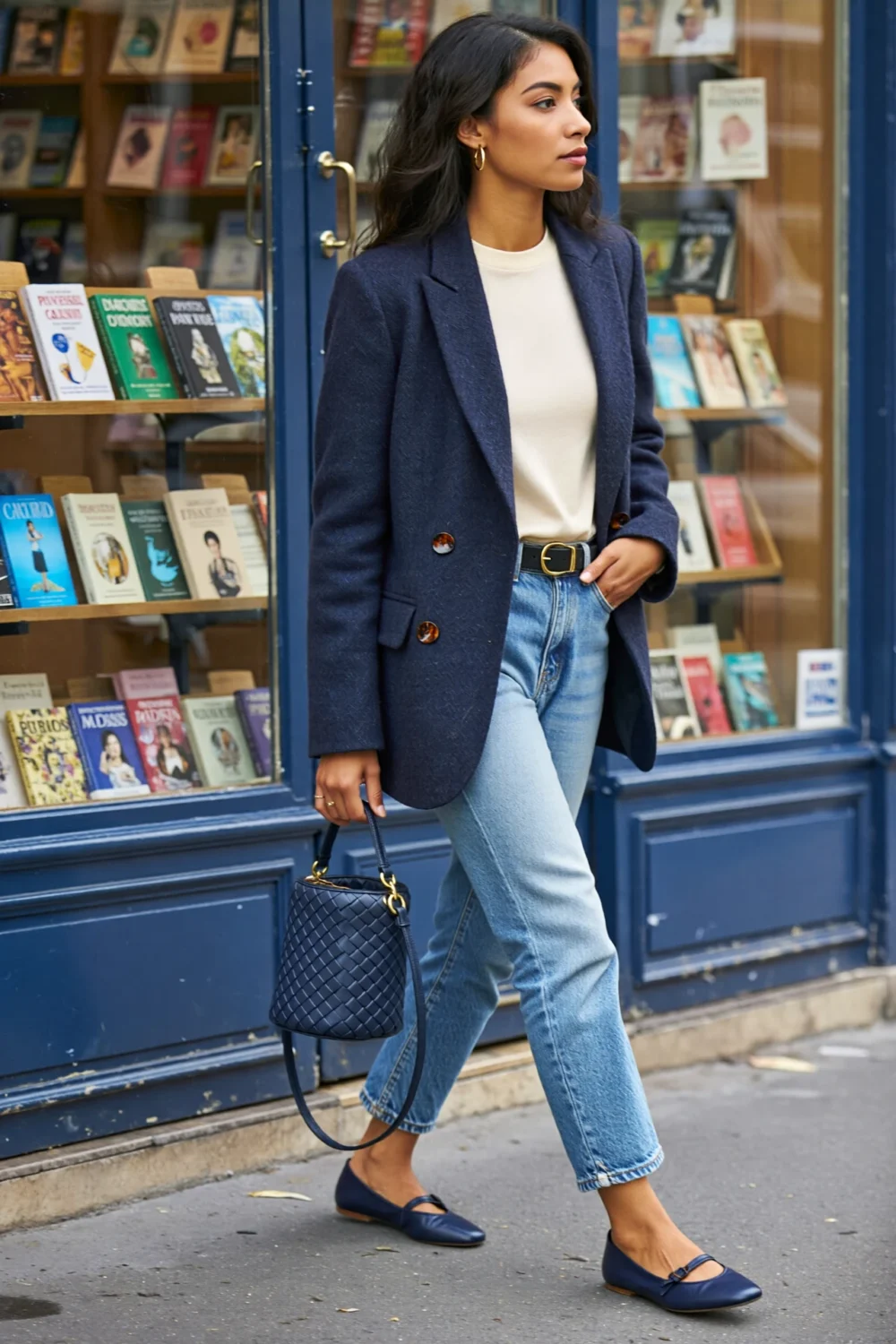 Woman in navy blazer, ivory tee and cropped light-wash jeans, with navy ballet flats and woven bucket bag in Parisian street style.