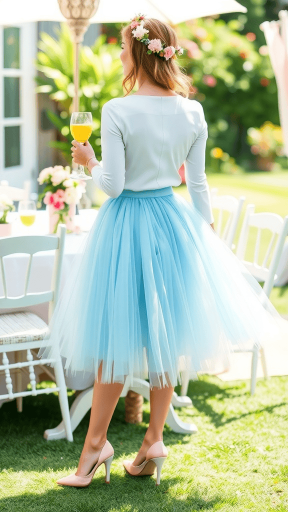 A woman wearing a light blue tulle skirt and pastel heels, holding a drink at an outdoor event.