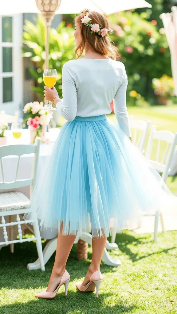 A woman wearing a light blue tulle skirt and pastel heels, holding a drink at an outdoor event.
