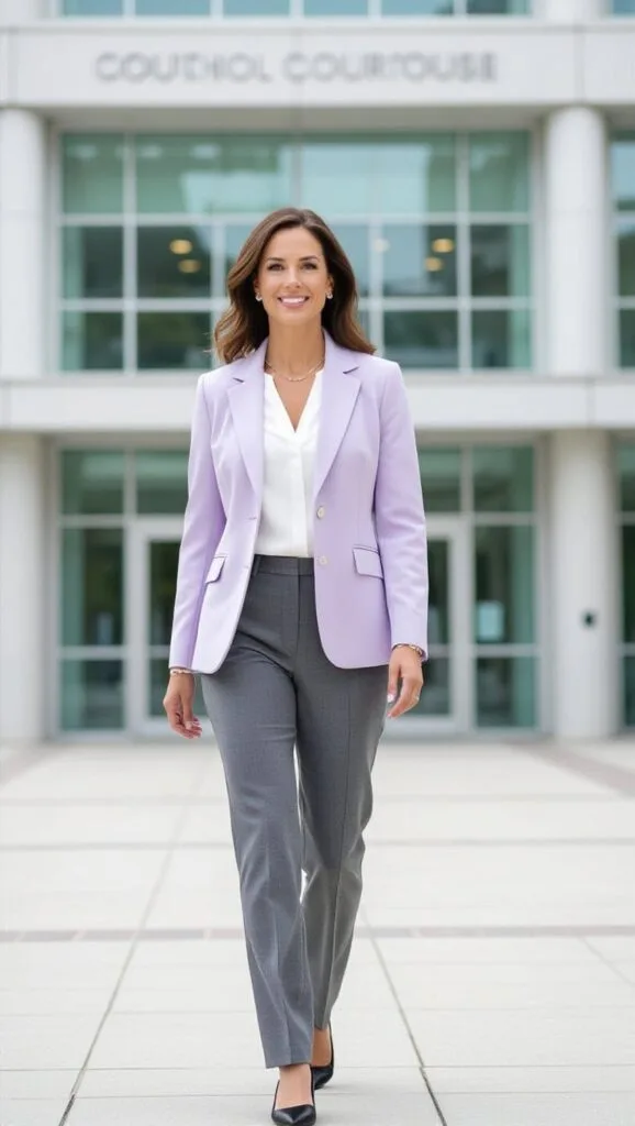 A woman walking outside a courthouse, wearing a pastel lavender or sage structured blazer over a white blouse, paired with gray slacks.
