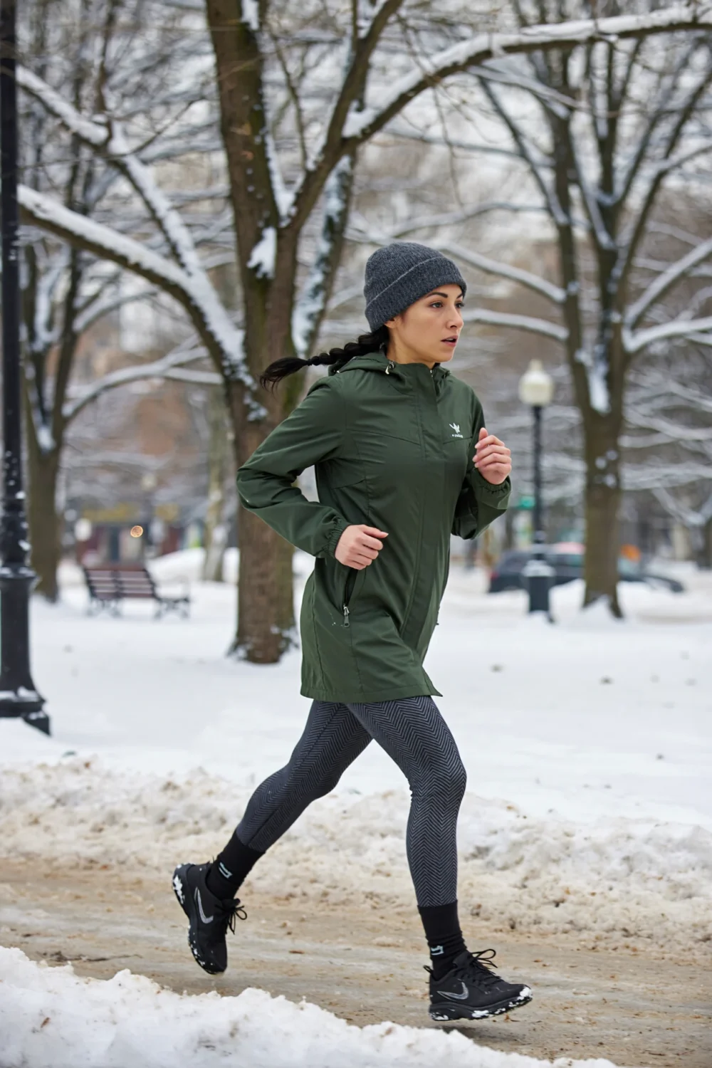Jogger in snowy park wearing herringbone tights and olive-green hip-length jacket, gray beanie and cozy coordinated black socks