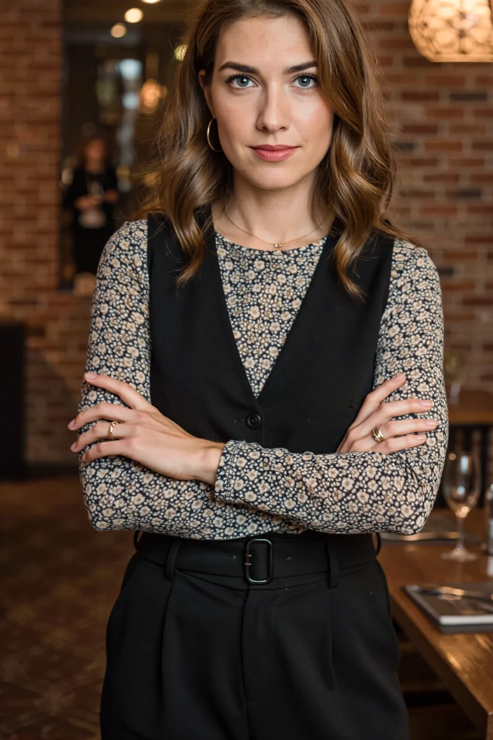 Woman in a floral patterned top layered under a black jumpsuit, arms crossed, solids ground the playful print for office nights.