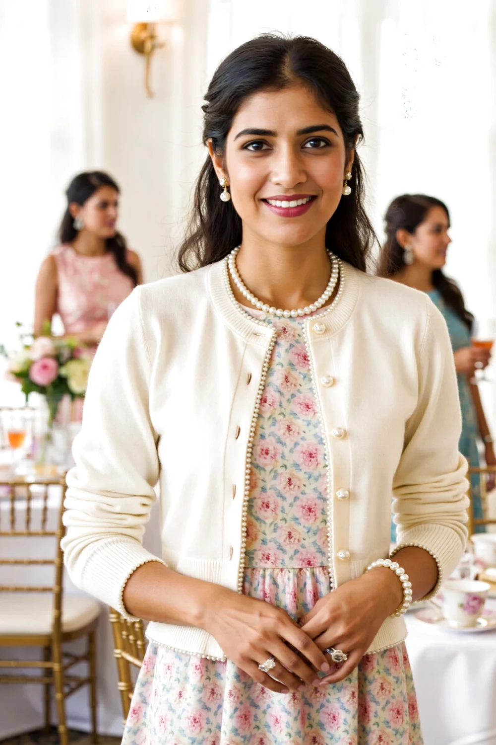 Woman in a cream pearl-embellished cardigan over a floral dress, wearing pearl jewelry for a vintage-inspired party-ready look