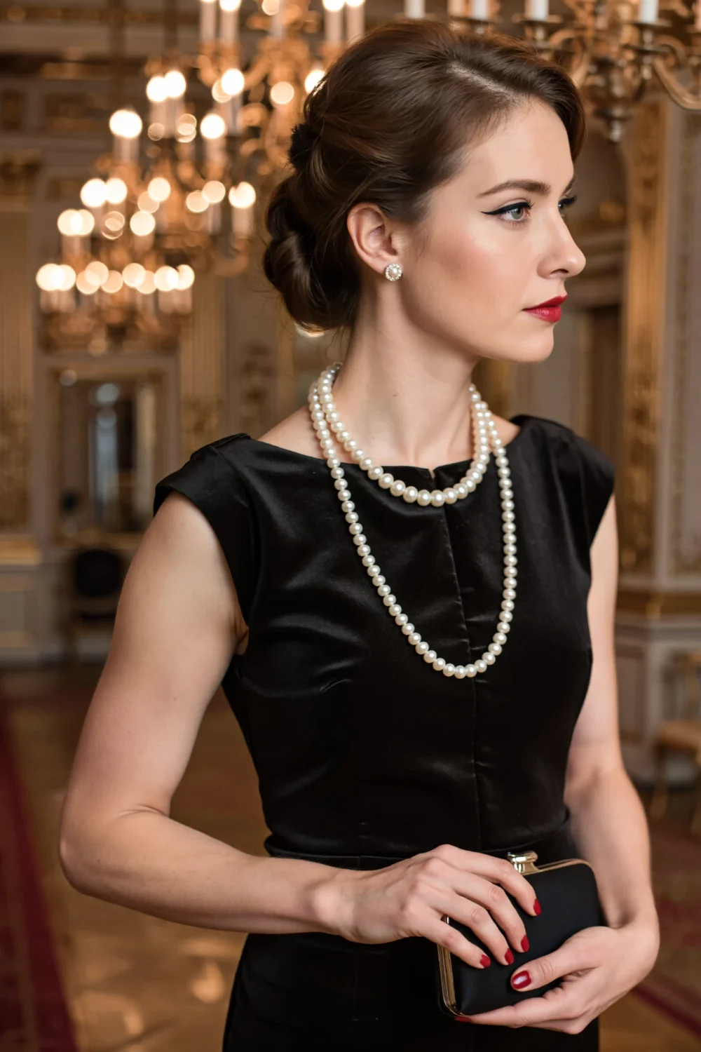 Woman in black dress with updo wearing short double pearl strands and pearl earrings, holding clutch in chandeliered ballroom