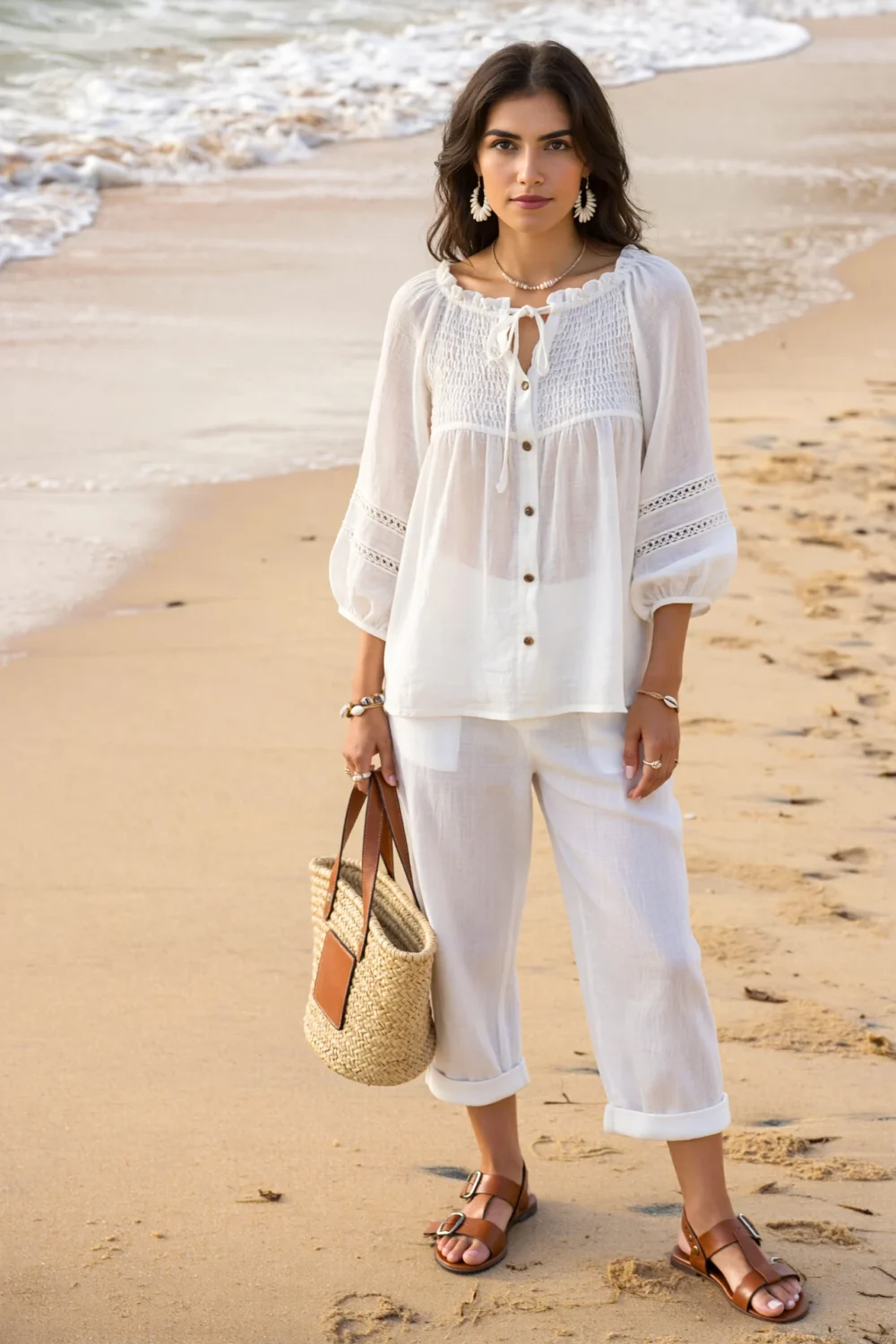 Beachy outfit with smocked white peasant blouse, cropped trousers, strappy leather sandals, and woven tote on a sandy shore