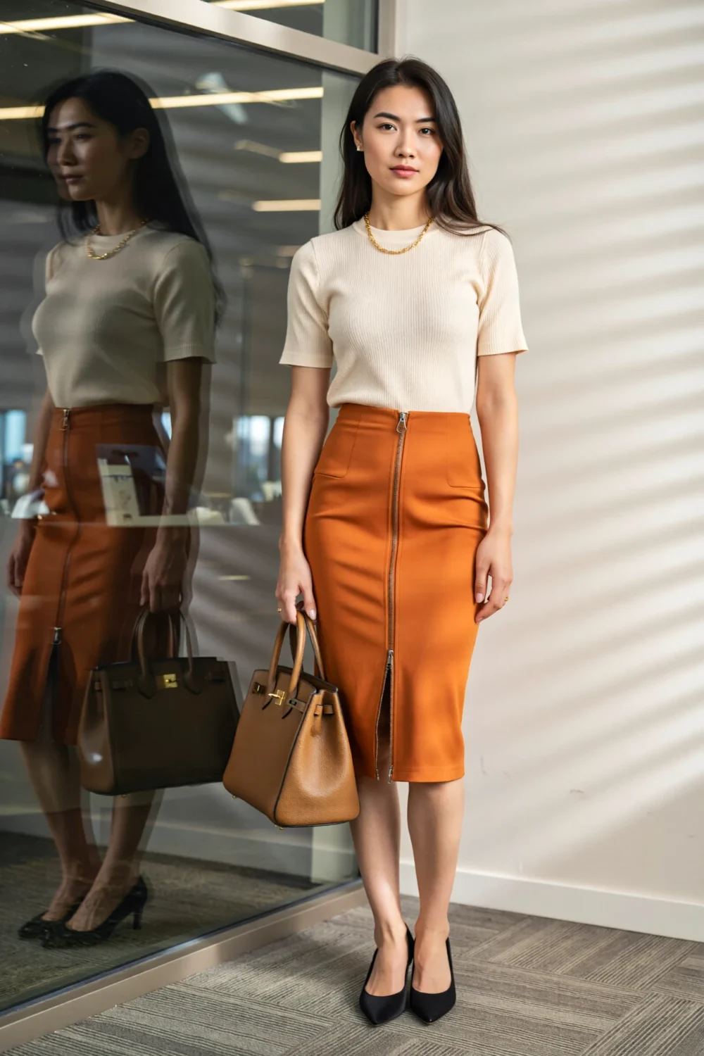 Woman in cream knit tee, orange pencil skirt, black slingbacks, and tan top-handle bag, creating a sleek office-ready look