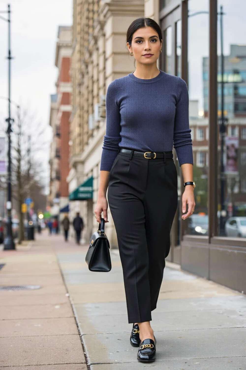 Woman walking in a periwinkle ribbed knit, black cigarette trousers, slim belt and glossy loafers for a polished city look