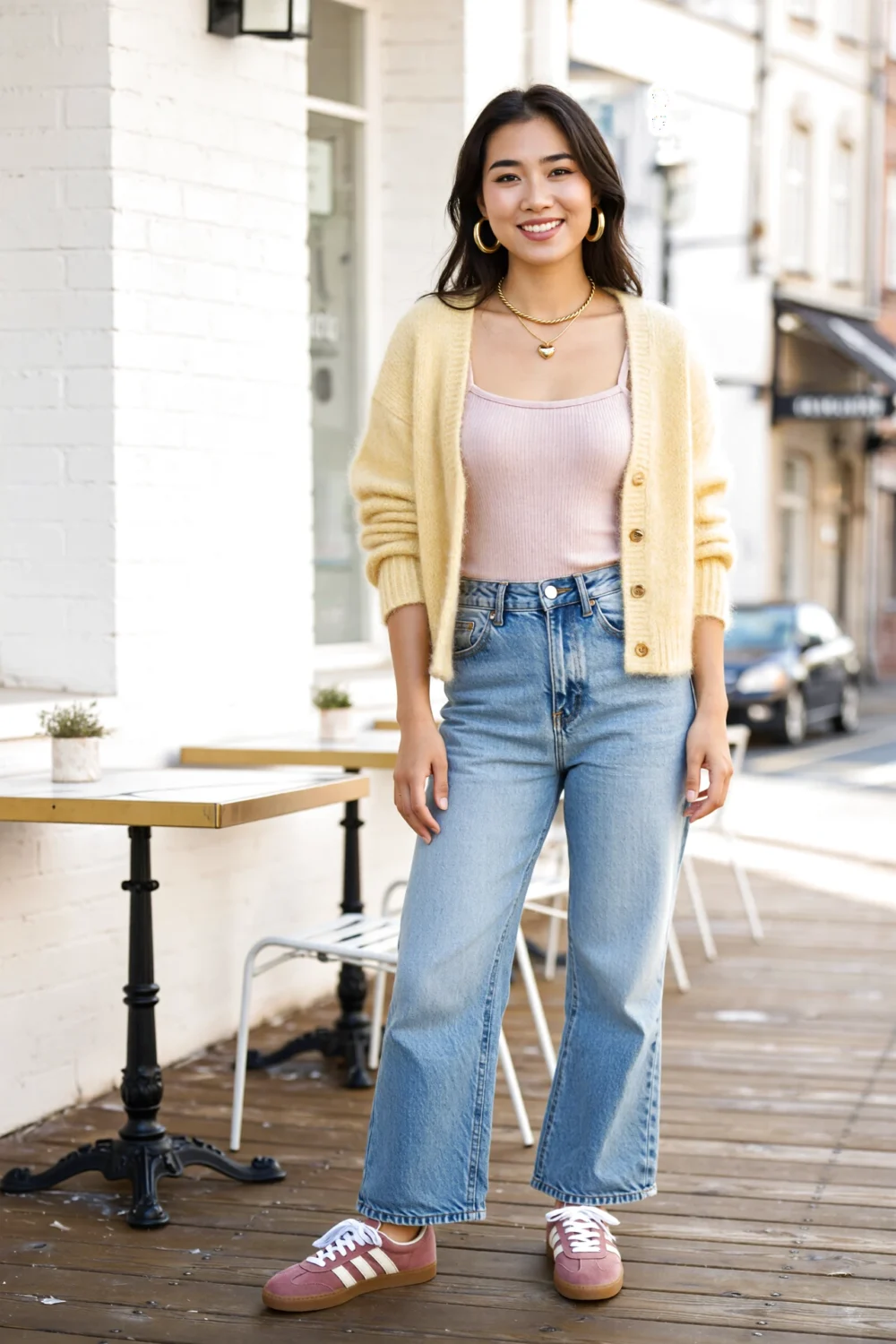Woman in a butter-yellow cardigan and blush ribbed tank half-tucked into light-wash wide-leg jeans with dusty-rose retro sneakers.