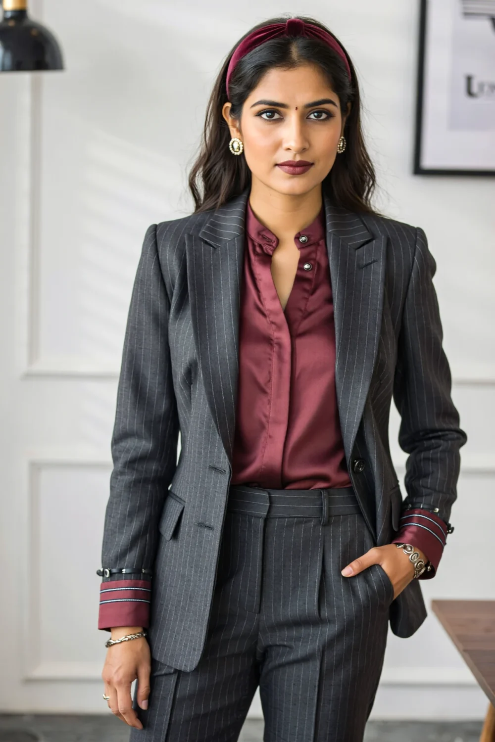 Charcoal pinstripe suit with aubergine blouse and velvet headband, creating a chic boardroom look with rich jewel-toned contrast