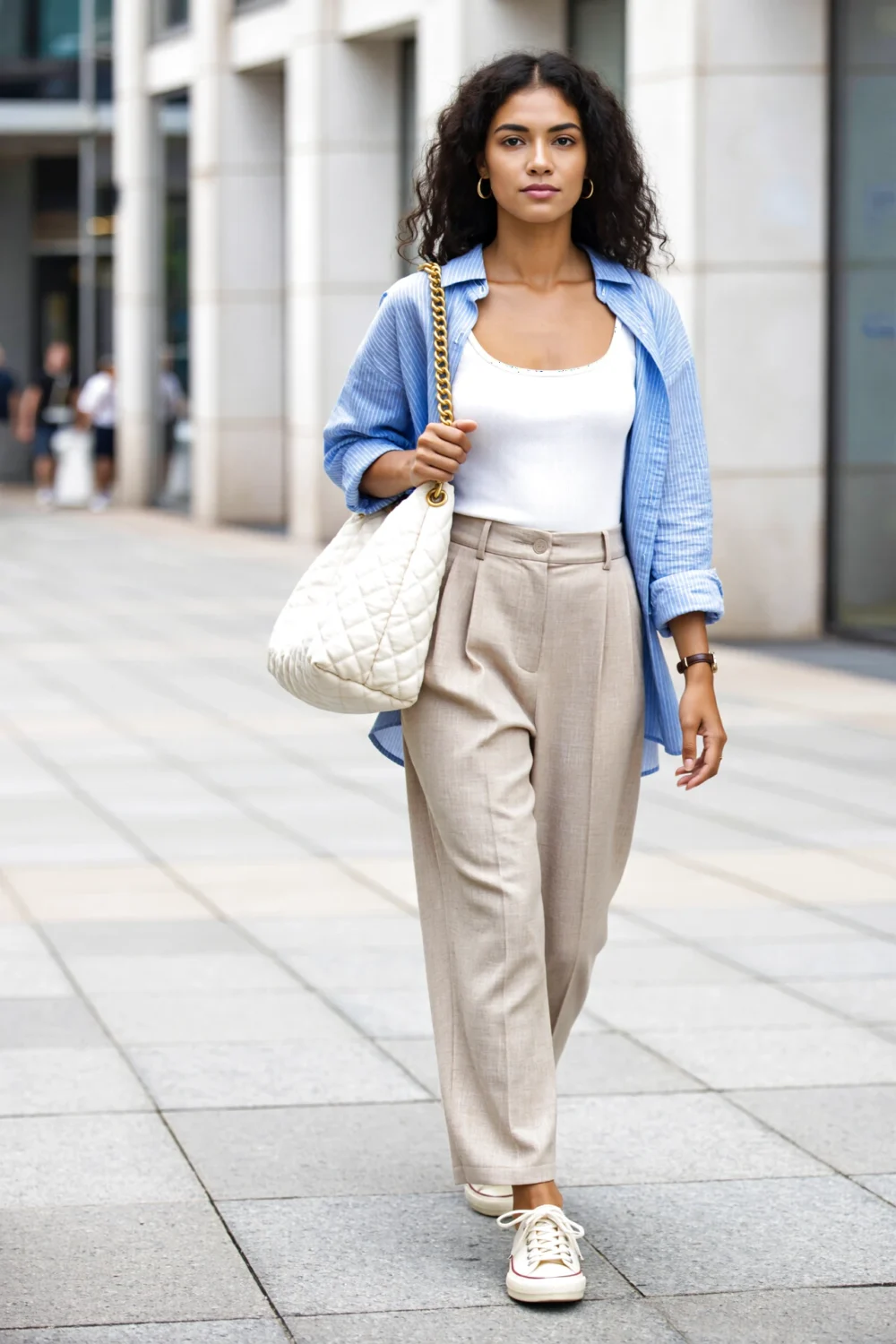 Woman walking in sky-blue pinstripe oxford, cropped white tank, beige wide-leg trousers, off-white sneakers and a quilted tote