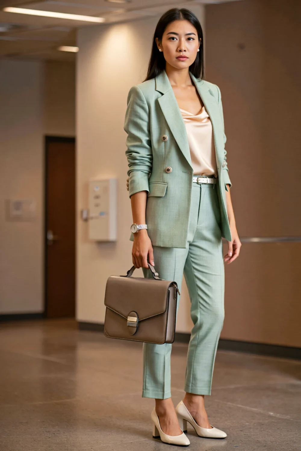 Woman in pistachio structured power suit with sand-toned shell, bone block heels and streamlined laptop folio, poised in office.