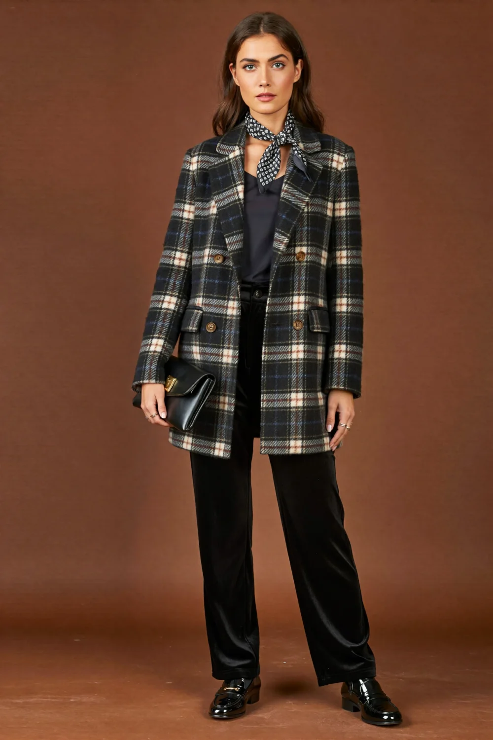 Muted plaid blazer with inky velvet trousers, layered over a silk scarf and loafers, creating a cozy, tailored Halloween look.