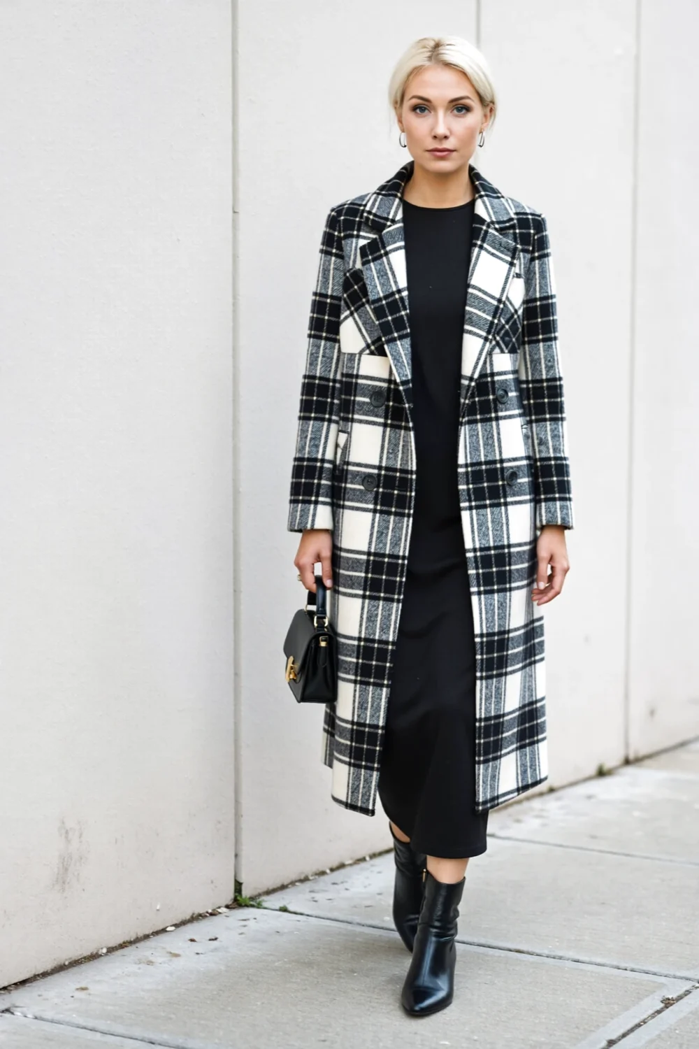 Woman in a bold plaid coat over a sleek black column dress, coat hem falling past the dress for flattering balance with structure