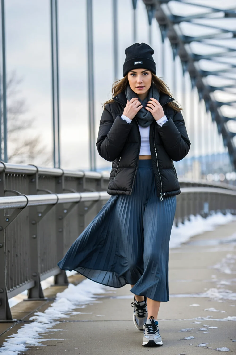Woman on a snowy bridge in a cropped black puffer, beanie and scarf, swishy pleated navy maxi skirt, paired with trail sneakers.