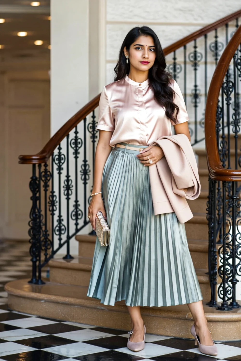 Woman in blush satin blouse and sage pleated midi skirt, holding a blush blazer and clutch, poised on staircase with iron railing