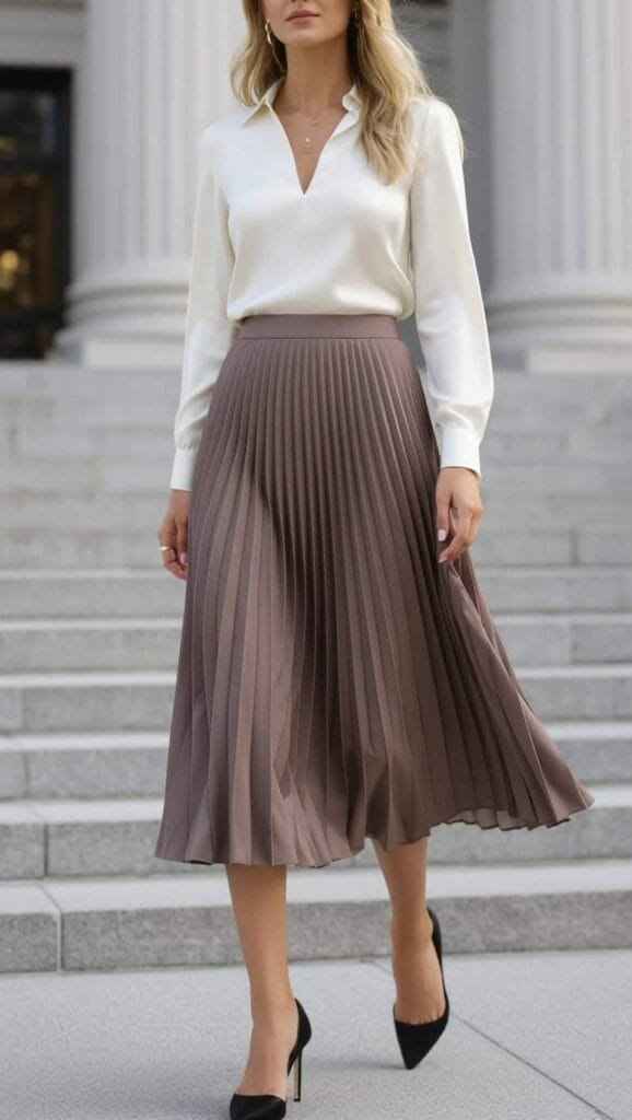 A woman outside a courthouse, wearing a pleated midi skirt in a neutral shade paired with a tucked-in cream silk top.